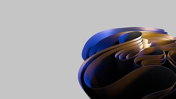 Dynamic 3D Composition Featuring Curved Metallic Strips In Gold And Blue Hues Against A Clean Gray Backdrop, Great For Tech Or Abstract Background Use