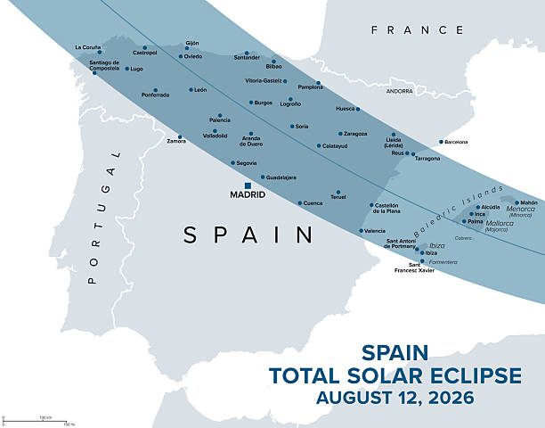 stockillustraties, clipart, cartoons en iconen met spain, total solar eclipse, august 12, 2026, path of totality, map - zonsverduistering