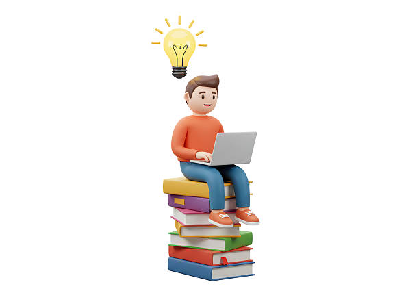 istock Isolated Man Sitting on Stack of Books with Laptop Under Lightbulb Symbolizing Study and Idea 2228659796
