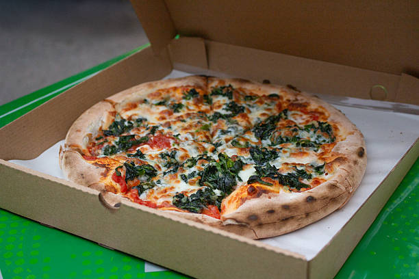 Spinach Pizza in a Takeout Box