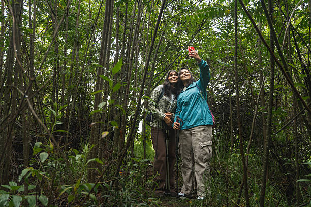 istock Hikers taking selfie in lush forest during trekking adventure 2228662606
