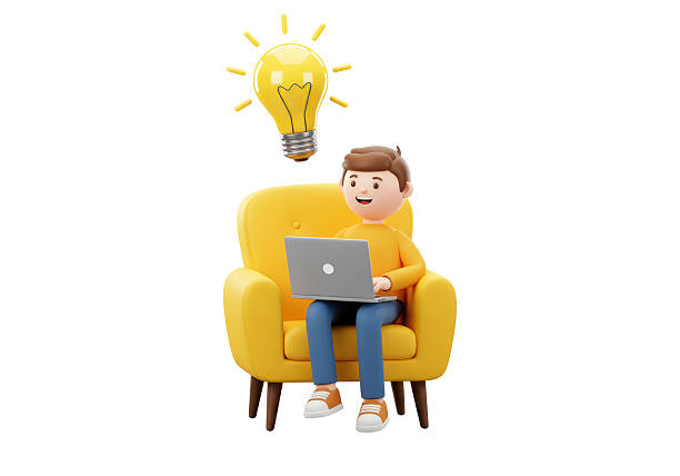 istock Isolated Cartoon Man Relaxing with Laptop Under Idea Lightbulb 2228672845