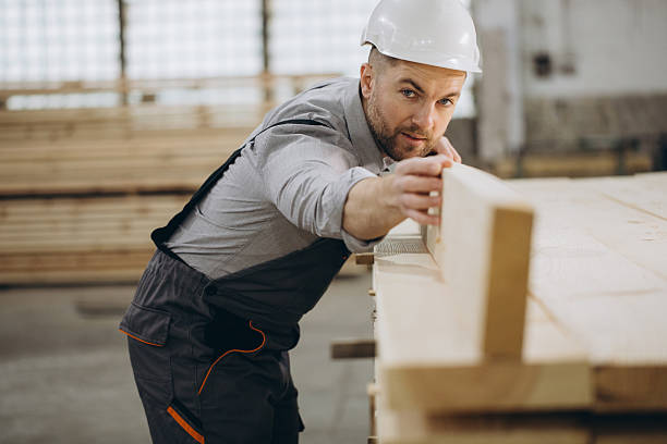 istock Carpenter checking wooden plank in workshop for modular building 2228677692