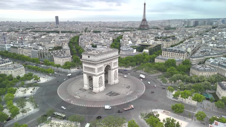 Aerial view of the famous landmark Triumphal Arch or Arc de Triomphe and Eiffel Tower surrounded by busy streets