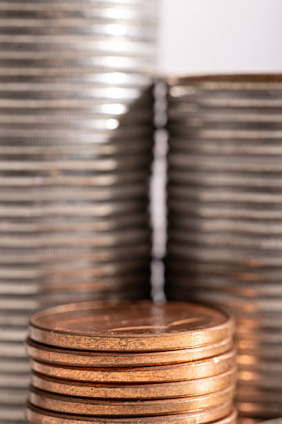 A stack of dollar coins stacked on each other in different positions. Money. High quality photo