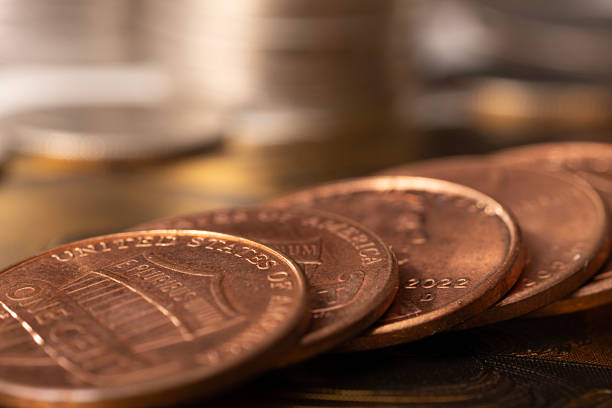 A stack of dollar coins stacked on each other in different positions. Money. High quality photo