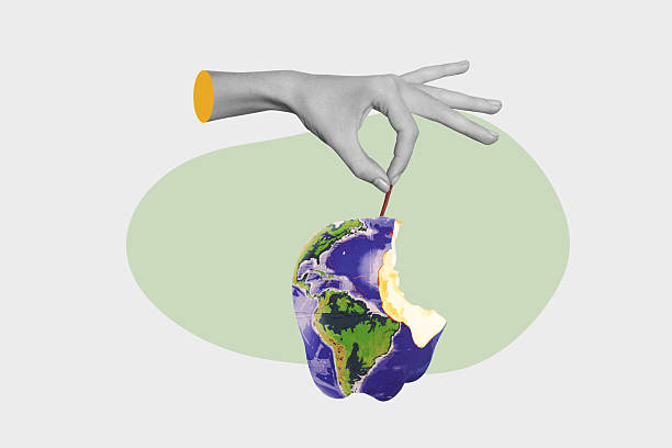 istock Sketch 3d trendy creative collage of human hand hold world map apple bitten fruit nutrition ecological care globe conservation 2228683966