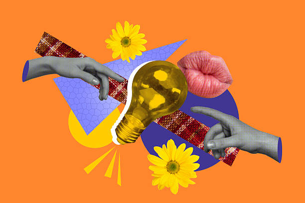 istock Image full 3d poster trend collage of hands point light bulb mouth lips idea finding workshop chrysanthemum electric power 2228684032