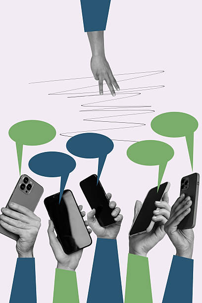 istock Poster image vertical photo collage of hands hold phone device bubble communication chatterbox speech networking crowd arms 2228684072