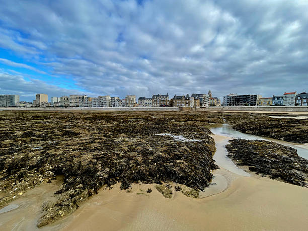 The sea front at Les Sables-d'Olonne, a seaside resort and port on the Atlantic coast of western France, seen from the beach