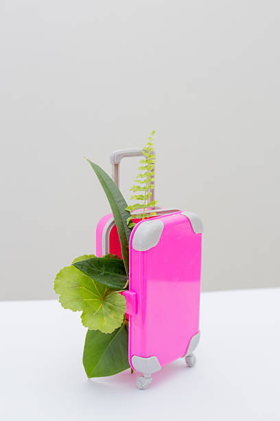 Playful composition of plastic household items with natural green leaves symbolizing real life in a world dominated by plastic.