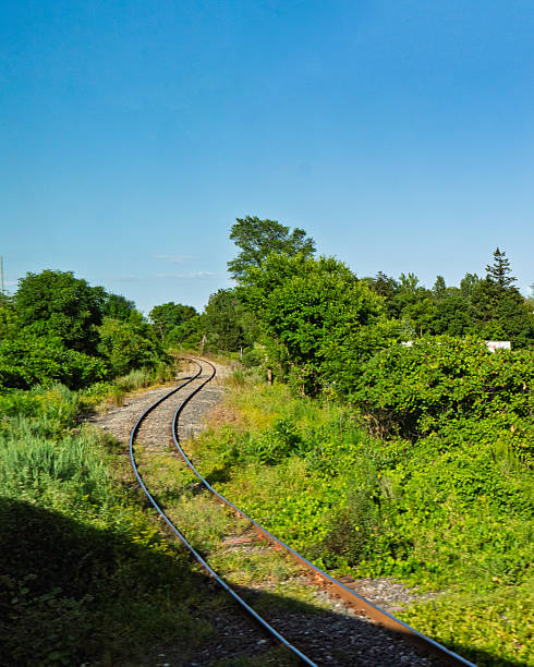 Single Rail Road Twisting through the Landscape with a Blue Sky