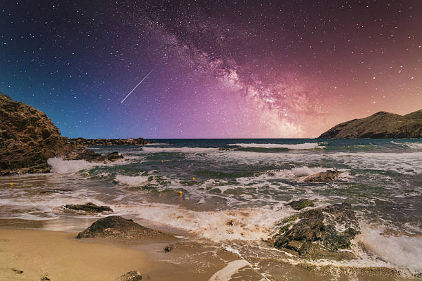 The Milky Way galaxy above a beach in the night sky in Okinawa, Japan.