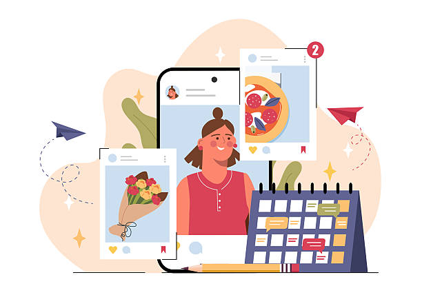 Social media content planning concept. Vector illustration Colorful flat style design showing a woman on a smartphone screen surrounded by social media posts, calendar, and paper planes on a white background. Vector illustration feeding stock illustrations
