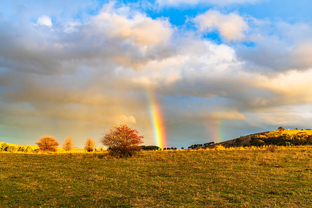 Two rainbow over agricultural field with beautiful blue sky