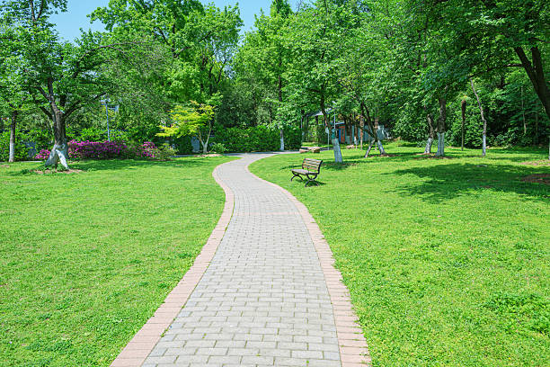 istock Curved pedestrian walkway in the green park 2228714131