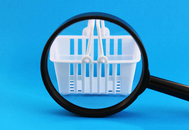 Looking for shopping, magnifying glass and white plastic basket