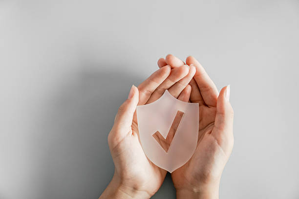 Hands holding shield with checkmark, work safety and protection, life insurance, approval verification concept