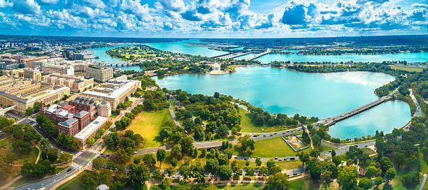 Majestic Potomac river in Washington DC aerial panorama Majestic Potomac river in Washington DC aerial panorama, capital of USA washington-dc-waterfront stock pictures, royalty-free photos & images