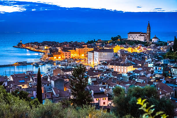 istock Town of Piran on Adriatic coast evening panoramic view 2228722901