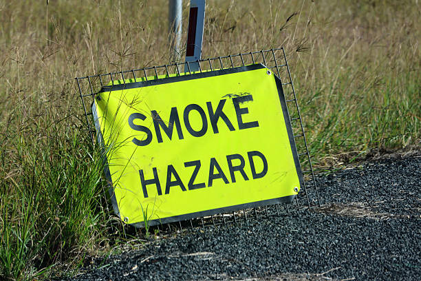 istock Bright yellow Smoke Hazard sign on a road bordered by long grass 2228728011