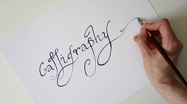 istock Calligraphy process. Female hand writing the word Calligraphy. Handwritten font. White background. Photo. 2228730322