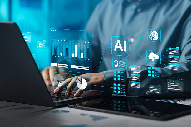 Analysts use computers to analyze data using AI technology to run data analysis tools. Chatbots chat with AI to help them build, code, train AI, or analyze big data with fast, cutting-edge technology. stock photo