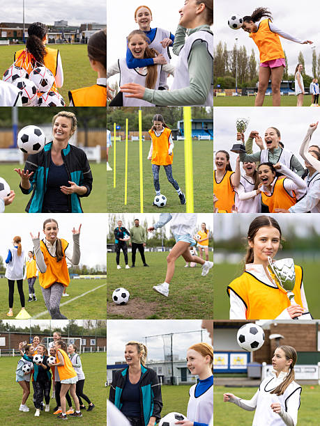A 3x4 square crop collage of different action shots from an under-15s female amateur football team's training session at their training ground in the North East of England. Different shots include players showing their skills in the game, celebrating and training.