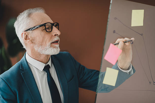 istock Businessman making a presentation on a transparent board with notes in a modern office environment 2228744608