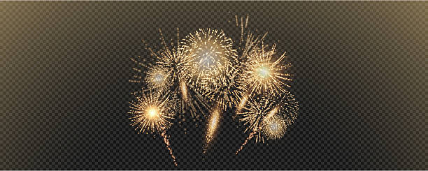Vector realistic lights, flares. Magic fireworks in the night sky, Christmas background for holiday design, poster, postcard on a transparent background. Holiday lights.