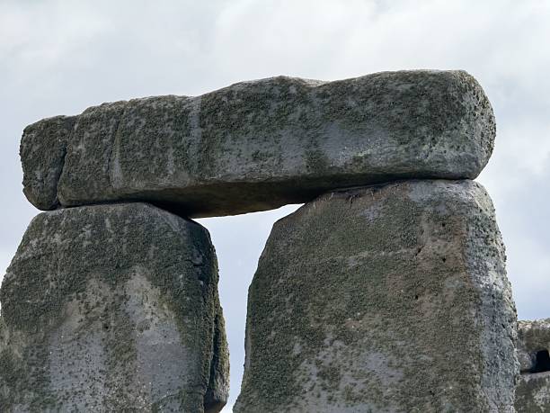 Close-up of Stonehenge stones against a cloudy sky, showcasing the ancient structure's texture and detail.