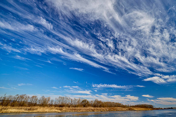 landscape with a river and blue sky with clouds