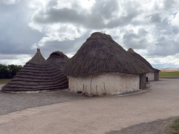 istock Traditional thatched roundhouses under a cloudy sky. 2228745543