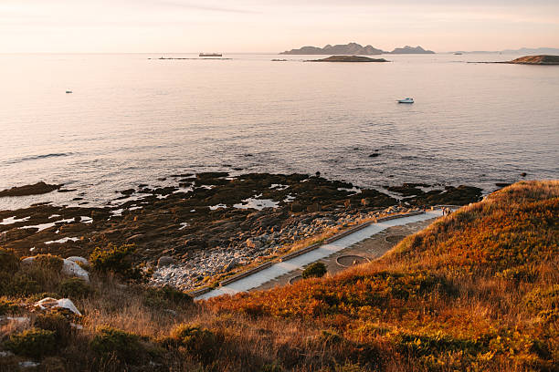 Scenic coastal walkway in Galicia, Spain, captured at golden hour with the Atlantic Ocean in the background.