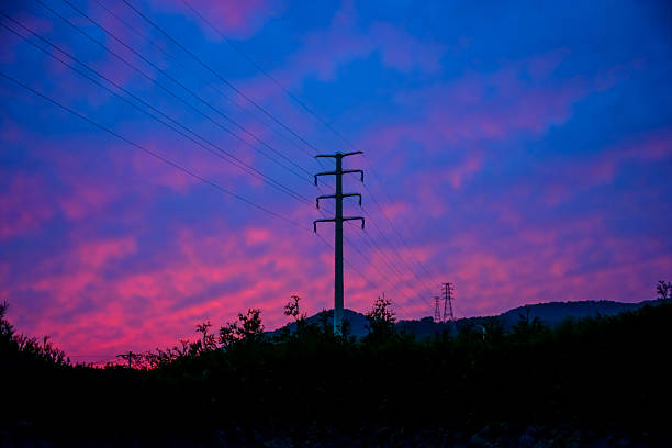 This picture was taken at sunset on a cloudy day. The sky is beautiful with red and blue colors. And underneath the sky is a transmission tower that rises greatly behind a bush.