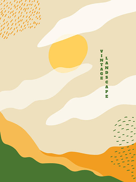 Vector illustration landscape. Cloudy sky, mountain peak, green hills. Hand drawn perspective style. Design for poster, book or magazine cover, brochure, layout, notebook. Cartoon childish drawing.
