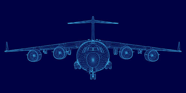 istock A detailed 3D wireframe model of an aircraft on a solid blue background, showcasing the intricate blueprint design. The transparent mesh structure highlights the plane's engineering and aerodynamic. 2228757031