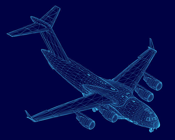 istock A 3D wireframe model of an aircraft displays intricate blueprint details against a solid blue background. The transparent mesh structure highlights the plane's engineering design. 2228757032