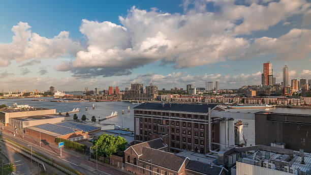 Aerial timelapse view over Maashaven with Katendrecht and Maas River. Netherlands