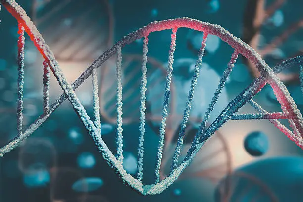 Photo of DNA structure visualization high resolution, showing glowing double helix on molecular background, symbolizing biotechnology, genome sequencing, genetic engineering, medical innovation 3D rendering.