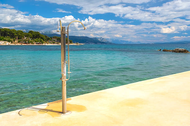Beach showers on a turquoise sea background. A facility at the beach enabling a shower before or after entering the sea for a swim.
