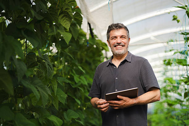 istock Smiling farmer checking digital tablet among thriving greenhouse vegetation 2228766836