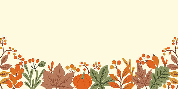 Hand drawn horizontal background with bright autumn leaves and berries. Flat doodle style. Vector illustration.