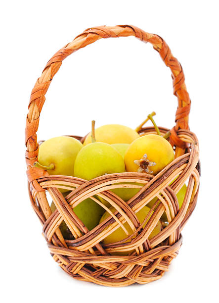 Bunch of wild pears in basket isolated on white background.