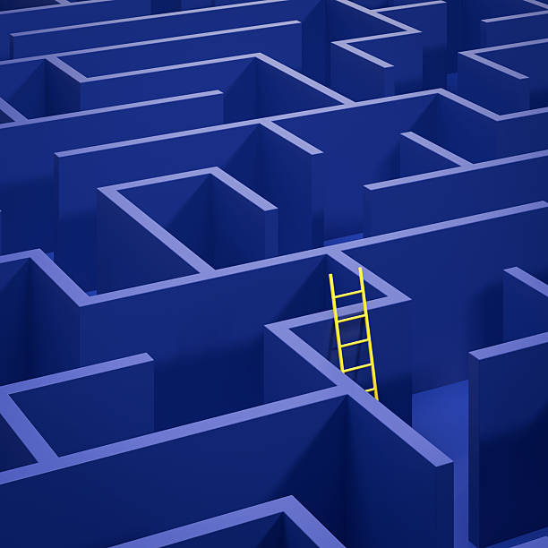 istock Concept - solving a complex problem by thinking out of the box or cheating. Blue maze and floor with a yellow ladder leaned against the wall 2228770204