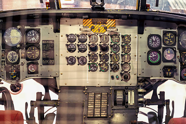 Close-up of a vintage helicopter cockpit showing many analog instruments, buttons, and controls, evoking a sense of nostalgia