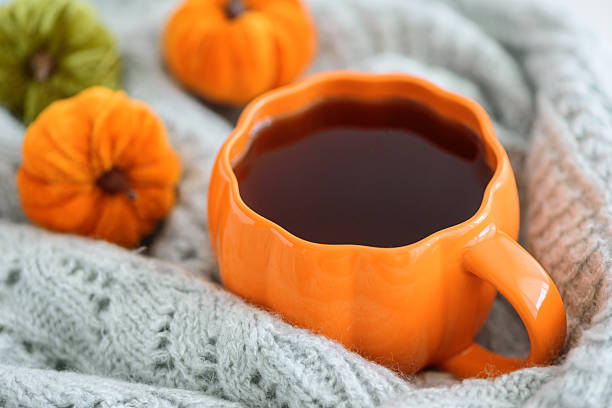 istock Autumnal tea set with pumpkin decor on a cozy knitted blanket. 2228772498