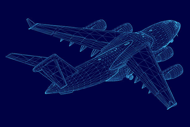istock A 3D wireframe model of an aircraft displays intricate blueprint details against a solid blue background. The transparent mesh structure highlights the plane's engineering design with precision. 2228776692