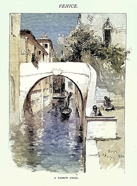 Gondola on a narrow canal, Venice, People standing on bridge, Victorian vintage illustration, 19th Century 1880s