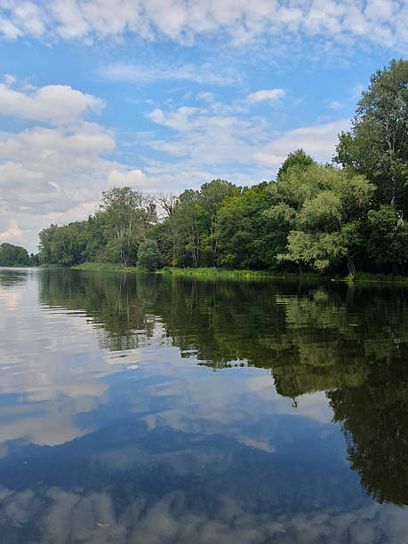 istock A quiet river or lake surrounded by a dense green forest. The mirror-like water reflects the trees and the sky 2228779692